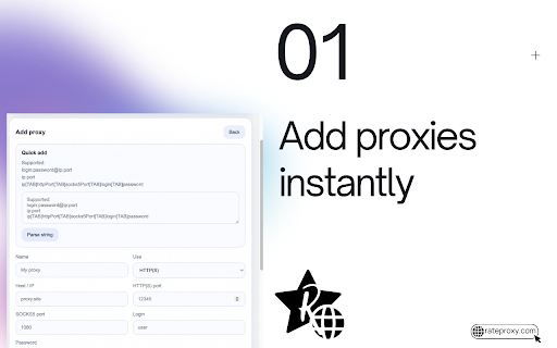 RateProxy — менеджер и переключатель прокси :: Управляйте и переключайте HTTP(S) и SOCKS5-прокси, импортируйте TXT/CSV, проверяйте прокси и настраивайте их по сайтам.