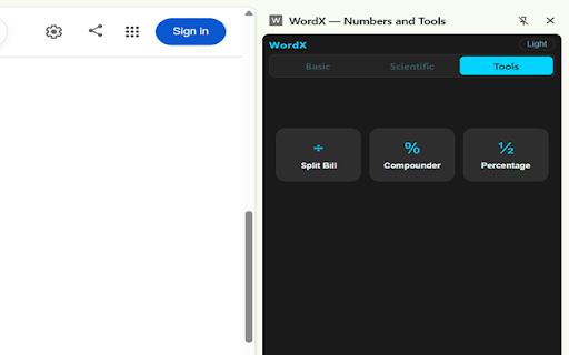 WordX — Numbers and Tools :: Basic and Scientific Calculator and few more tools. Pin it for quicker access.