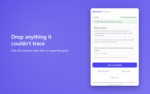 QuizFeast Study Helper :: Turn any page, PDF or Word file into flashcards. Every card shows the sentence it came from, so you can check it yourself.
