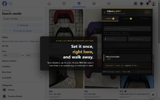 FBM Alert — Facebook Marketplace Notifier :: Desktop notifications when a new Facebook Marketplace listing matches your saved search. Uses your own logged-in session.