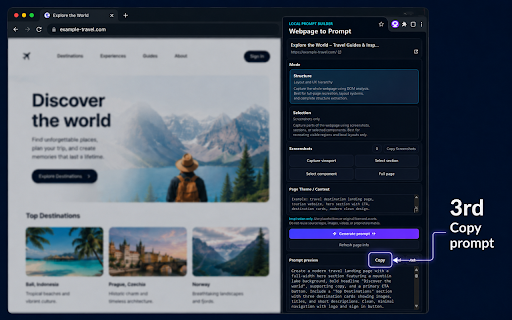 Webpage to Prompt :: Generate local AI-ready webpage inspiration prompts from structure, style, and screenshots.
