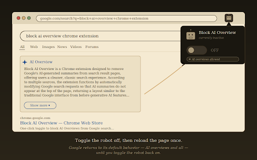 Block AI Overview :: One-click toggle to block AI Overviews from Google search results.