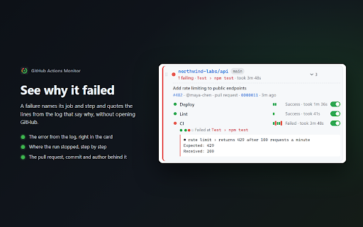 GitHub Actions Monitor :: Live GitHub Actions status in your toolbar: why a run failed, step-by-step progress, deploys awaiting review, and alerts.