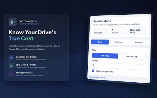Fahrtkosten+ Fuel Cost Calculator :: Shows estimated fuel costs for selected driving routes in Google Maps, Apple Maps, and Waze.