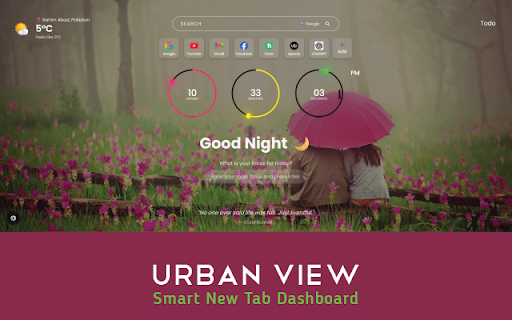 Urban View – Smart New Tab Dashboard :: A beautiful new tab with live time, daily focus, quotes, weather, shortcuts, and productivity tools.