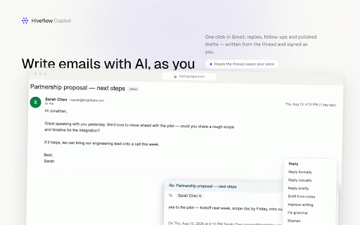 Hiveflow - AI Agent Orchestrator :: AI copilot in your side panel: chat with page context, write emails in Gmail, and run your Hiveflow agents on any website.