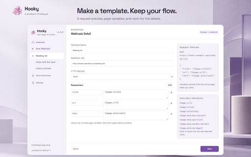 Hooky :: Send page context to your webhooks with reusable templates and smart rules. A product of hexly.ai.
