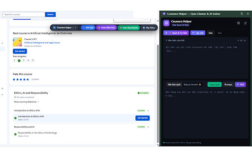 Coursera Helper — Quiz Cleaner & AI Solver :: Tự động loại bỏ prompt injection, giải trắc nghiệm bằng Gemini AI, tua video và auto skip bài học Coursera.