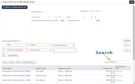 Enhanced Canvas LMS To Do (Ungraded List) :: This displays the full To Do list of ungraded submissions in Canvas LMS, with filter, search and sorting functionality.