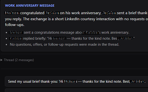 Reply Assistant for LinkedIn :: AI-drafted replies to your LinkedIn messages — a few free each day, no API key needed, or bring your own OpenAI/Anthropic key.