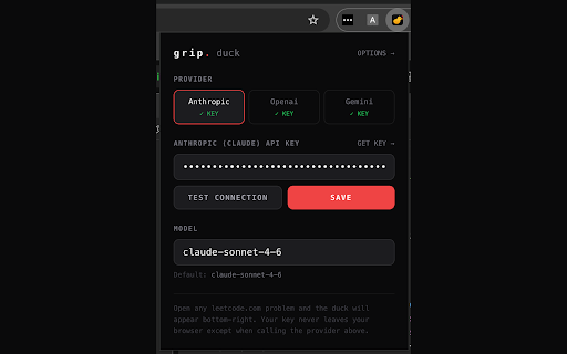 grip duck — Socratic AI LeetCode interview coach :: AI interview coach for LeetCode. Locks the editor until you explain your approach, then debriefs every submission. BYO API key.