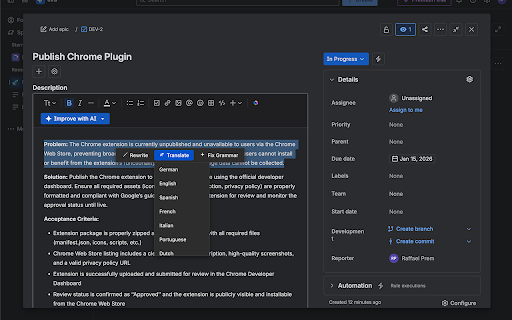 Ticket Tuner (for Jira) :: Improve Jira ticket descriptions using AI - with translation, grammar fixing, and rewriting capabilities