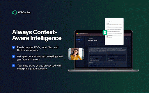 W3copilot :: AI meeting transcription for Meet, Zoom & Teams. No bot. Live transcripts, notes, sync to your account. In-meeting panel + export.