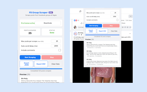 Facebook Group & Page Post Scraper – Export to JSON/CSV :: Scrape posts from any Facebook group or Page. Export comments, reactions, images, links to JSON or CSV. 100% local & private.