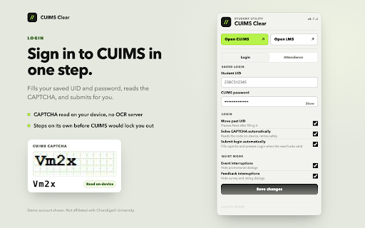 CUIMS Clear :: Faster CUIMS login, attendance and safe-skip counts without opening the portal, and a cleaner LMS.