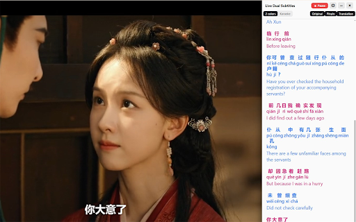 Live Dual Subtitles with Auto-Translation and Pinyin :: Adds Pinyin + a translated 2nd subtitle line to Chinese videos. Reads the site subtitles — or the ones printed on the video.