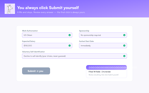 GiraffyReach Auto-Apply :: Fills job applications on ATS sites from your GiraffyReach profile. You review and submit — it never submits for you.