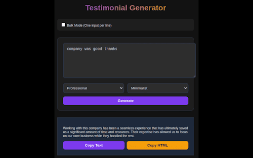 AI Testimonial Generator :: Instantly transform customer feedback into professional testimonials with AI. Choose tones, bulk process, and export—no writing…
