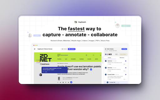 BugSmash Web Extension: Fast feedback capture & sharing. :: Turn any webpage, design or dashboard into an interactive feedback space with BugSmash. Add comments and share it with anyone.