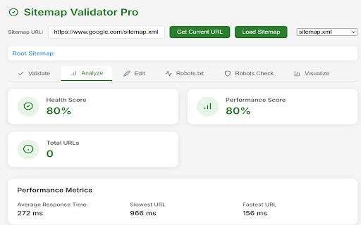 Sitemap Validator Pro :: Check URL status codes, analyze performance metrics, visualize results, verify robots.txt rules, and edit sitemaps.