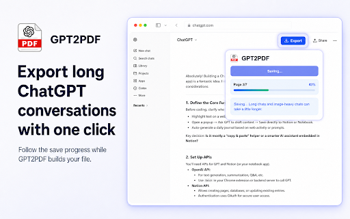 ChatGPT PDF Export :: Export ChatGPT conversations locally as PDF, HTML, Markdown, or JSON with images, code, and selected messages.