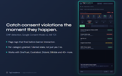 TagCompliance: Tag, Cookie & Consent Audit :: Audit marketing tags, cookies, consent and dataLayer events on any website. Detect GDPR pre-consent violations.