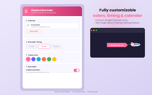 Custom Meeting Reminder :: Playful animated characters fly across your screen before Google Calendar meetings. 12 styles: airplane, T-Rex, Deadpool, and more.