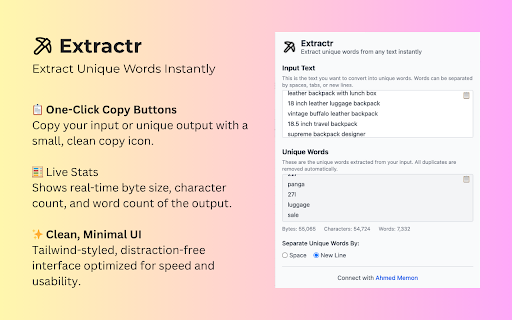 Extractr – Unique Word Extractor :: Extract unique words from any pasted text. Space, tab, or newline-separated input supported.