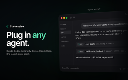 Customaise: AI Userscript & Agentscript Manager. Powered by MCP & WebMCP :: Custom programmable tools for every open tab. For you, or for your AI.