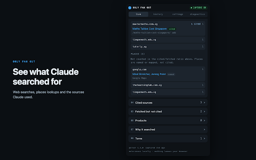 Only Fan Out :: Inspect the fan-out search queries, fetched and cited sources, and brand mentions behind any ChatGPT, Claude or Grok answer.