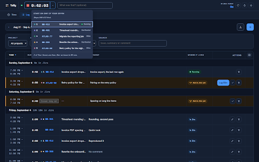Tally :: See your Jira worklogs as a timesheet, track time locally, and log the time Jira is missing.
