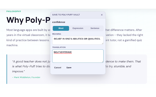 Poly-Puff Vault :: Save vocabulary, expressions and sentences to your Poly-Puff Vocabulary Vault from any page.