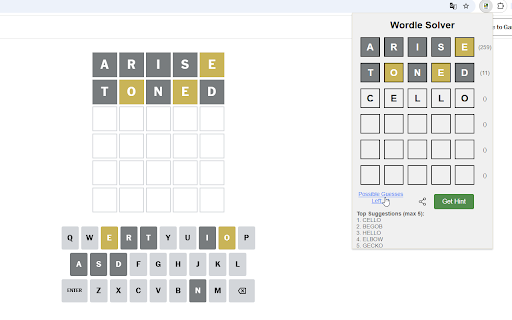 Wordle Solver - Your Wordle Wingman :: Get smart hints for your Wordle game! This extension analyzes your current game and suggests optimal next guesses.