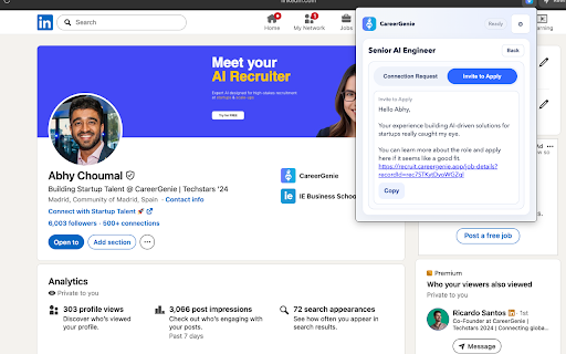 CareerGenie Talent Outreach Manager :: Detect LinkedIn profiles, check pipeline, add to roles, and suggest outreach messages.