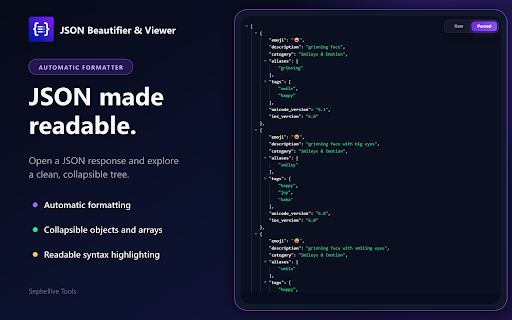 JSON Beautifier & Viewer :: Make raw API responses readable with JSON Beautifier: automatic formatting, collapsible trees, syntax highlighting, and dark mode.