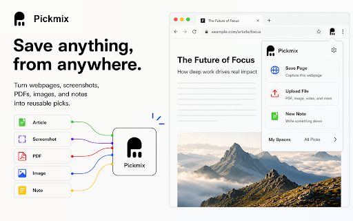 Pickmix - Knowledge base and growth AI Agent :: Pickmix builds a visual AI knowledge base from your research. Capture, organize, and synthesize web content in one workspace.