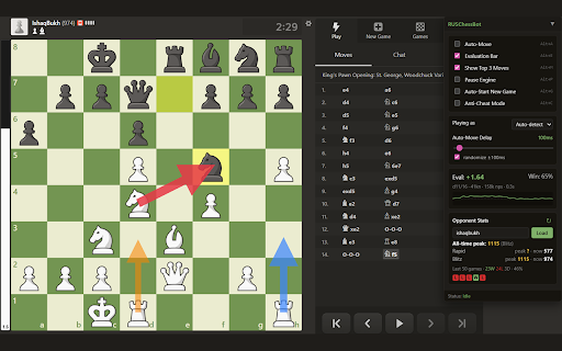 RUSChessBot :: Stockfish chess analysis for chess.com — live evaluation, top-3 move suggestions, opponent stats, and coaching.