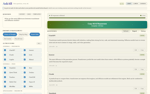 AskAll — Ask Multiple AI Chatbots, Compare Side by Side :: Send one question to ChatGPT, Gemini, Claude, DeepSeek, Grok and 20+ AI provider presets. Compare responses side by side.