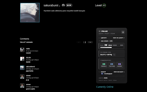 CS2 Stats on Steam Profiles: Leetify, Faceit ELO & Rank (Pulse) :: Pulse shows CS2 stats on any Steam profile: Leetify aim/KD/winrate, Faceit ELO, in-game Private Rank. Zero setup, liquid-glass UI.