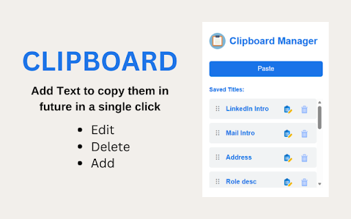 Clipboard :: Advanced clipboard manager to save, edit, delete, and reorder text snippets easily, with titles for quick access.