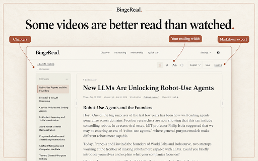 BingeRead: Read YouTube & Bilibili :: Turn YouTube and Bilibili videos into readable manuscripts. Save your reads, export Markdown and continue on the web.
