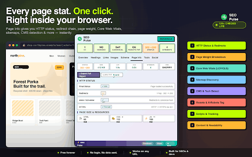 SEO Pulse SEO Extension :: One-click SEO audits — indexability, meta tags, schema, Core Web Vitals, redirects, robots.txt, sitemaps, and more.