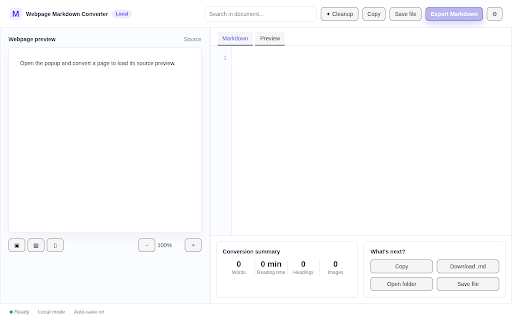 Webpage Markdown Converter :: Convert the current webpage into clean Markdown locally in your browser.