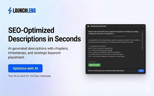 LaunchLens - AI YouTube Optimizer :: AI-powered YouTube title, description, and tag optimization directly in YouTube Studio