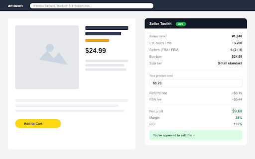 Seller Toolkit - Amazon Profit & ROI Calculator :: See profit, ROI, margin, FBA fees, BSR and competition right on any Amazon product page. Built for Amazon sellers.
