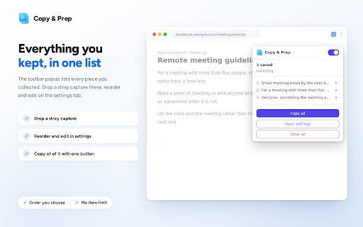 Copy & Prep — Text from here and there, copied together. :: Stop copying, pasting, then fixing. Collect text as you browse, get the order and line breaks right, then paste it all at once.