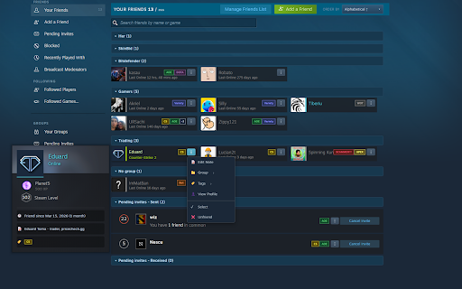 Steam Friends Manager :: Bring structure to Steam friends: custom groups, personal notes, tags, drag-and-drop, and one-step bulk moves.