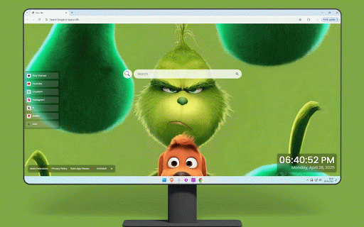 Grinch Live Wallpaper :: Grumpy green Grinch with small orange fish against bright green background.