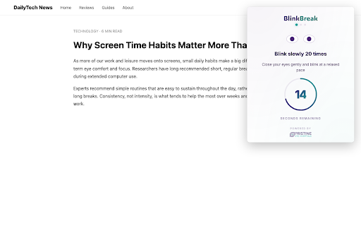 BlinkBreak :: Take a 20-second blink break every 20 minutes to reduce eye strain. Powered by Pristine Eye Hospitals.