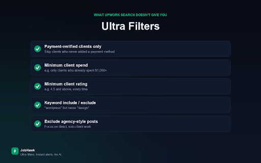 JobHawk - Job Alerts for Upwork :: Scans the Upwork job feed every few minutes, applies ultra filters, and fires instant sound + desktop alerts. No AI. Just speed.
